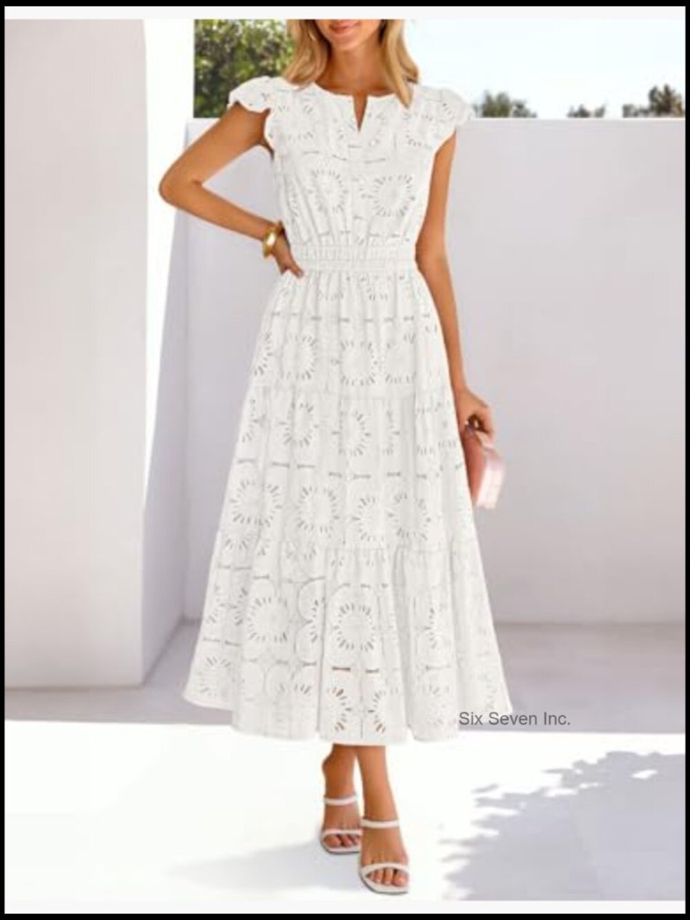 Women's Summer Lace Eyelet Maxi Dress Flutter Sleeve Tiered Boho Beach Vacation - Picture 2 of 7